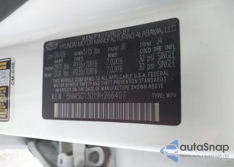 2009 Hyundai Santa Fe Gls z USA, uszkodzony, nr VIN 5NMSG13D19H266407